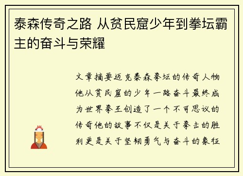 泰森传奇之路 从贫民窟少年到拳坛霸主的奋斗与荣耀